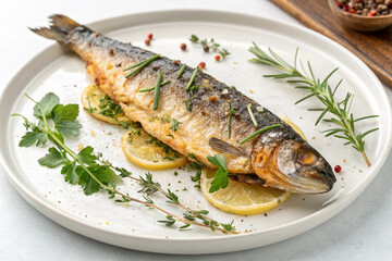 A baked fillet of fatty sardines fish with herbs isolated on transparent or white background