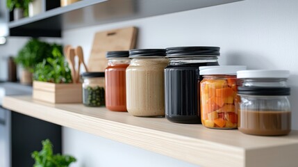 Colorful Shelf Display of Jars Filled with Fresh Vegetables and Preserves