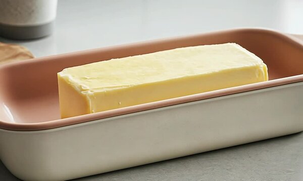 A stick of butter in a ceramic dish, perfect for culinary delights.