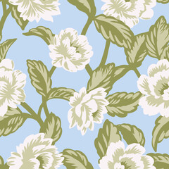 Seamless vintage floral pattern with white flowers and green leaves on a soft blue background. Perfect for fabric, wallpaper, packaging, and spring or summer designs. Retro botanical style.