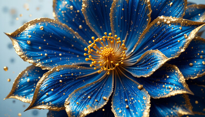 "Elegant Blue Flower with Gold Accents &ndash; Artistic and Luxurious Design"