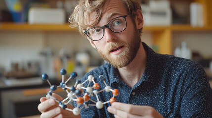 Lab instructor enthusiastically explains molecular model, showcasing complex structure in science classroom