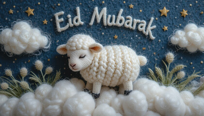 "Eid Mubarak - Cozy Knitted Sheep on Fluffy Clouds"