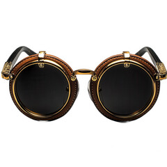 Buy steampunk sunglasses round retro vintage leather gold rimmed goggles on transparent background
