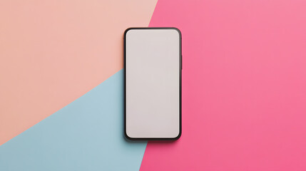 Minimalist smartphone with blank screen is isolated on colorful geometric background