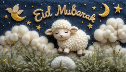 "Eid Mubarak &ndash; Festive Night Sky with Knitted Sheep and Crescent Moon"
