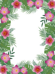 Border of tropical leaves and bright hibiscus flowers on white background. Vector hand drawn illustration