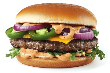 Juicy Beef Burger with Jalapeos Red Onions and Creamy Sauce