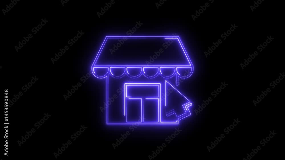 Poster neon online store icon with mouse pointer animated on black background representing ecommerce and di