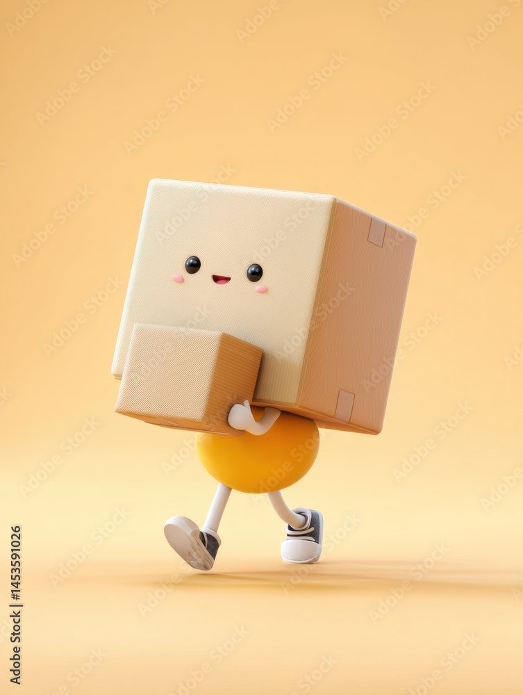 Aufkleber Charming 3D Mascot Character Joyfully Carrying a Large Box on Tiny Legs Against a Warm Background Generative AI