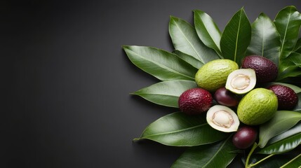 Obraz premium Vibrant Assortment of Fresh Fruits Nuts and Green Leaves on Wooden Table