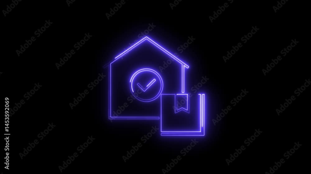 Poster neon line art of online delivery system and secure package delivery to your doorstep with home check