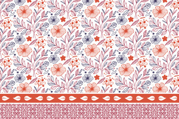 floral sketch elements. embroidery line border. seamless petal texture. textile pattern repeat. hand drawn one line design. botanical background art

