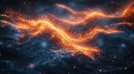 Fiery, swirling nebula of cosmic particles.  Intricate patterns of orange-red and dark blue particles dance across the scene, creating a dynamic and otherworldly landscape