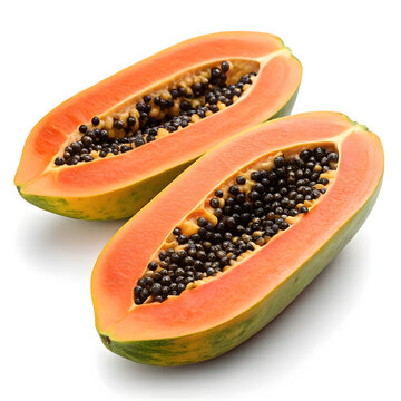 recommend clip art: A realistic papaya cut lengthwise in half, exposing its vibrant orange flesh and black seeds.