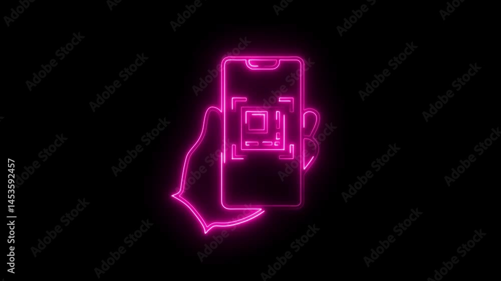 Poster hand holding smartphone scanning qr code with neon effect