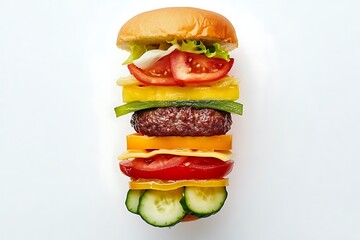 Disassembled Classic Beef Burger Ingredients on White Background