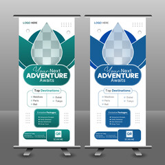 Modern travel vacation roll up banner design template for business or travel agency. Travel business agency roll up template.
