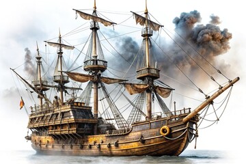 Naklejka premium Ancient Pirate Ship, Seafaring, Maritime, History, Artwork
