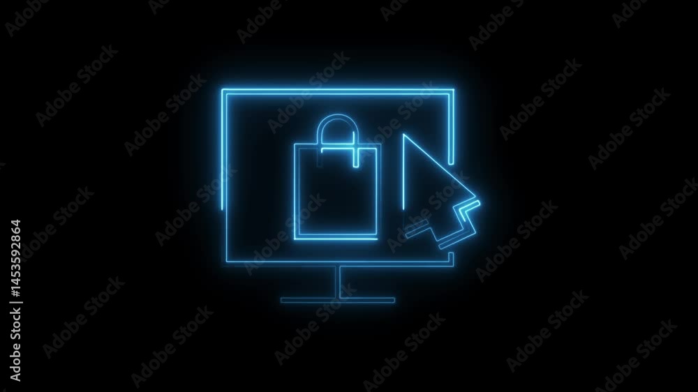 Poster neon online shopping icon animation with computer and cursor for ecommerce concept