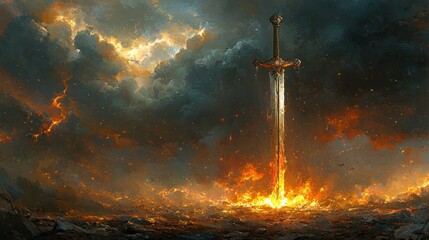 Fiery sword stands amidst a ravaged landscape