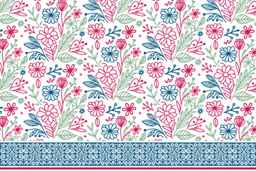 pattern in one line. floral design with elegant border. hand drawn embroidery sketch. seamless botanical texture. minimal petals repeat. textile floral outline

