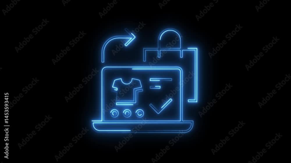 Poster online shopping laptop neon style animation loop on black background depicting seamless checkout and
