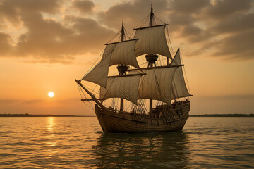 Obraz premium Beautiful sunset over a classic sailing ship on calm waters of the bay