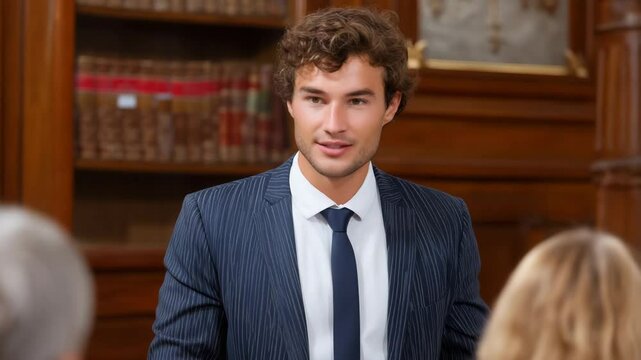 Young man in pinstripe suit confidently speaking in formal setting.
