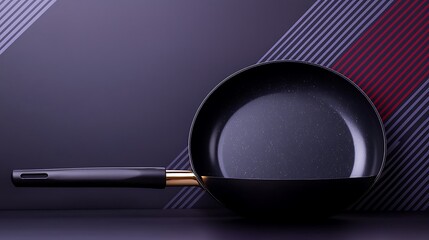 Sleek black frying pan on a modern striped background, showcasing contemporary kitchen aesthetics