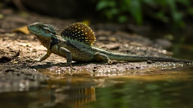 Philippine Sailfin Lizard Hydrosaurus Pustulatus in Water Reflection