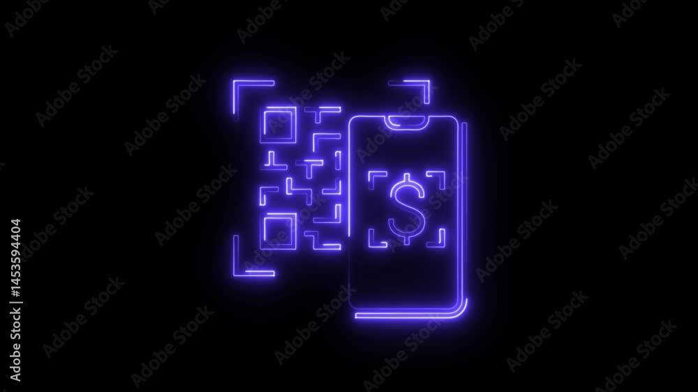 Poster neon qr code payment with smartphone scanning technology in dark digital space seamless looping anim