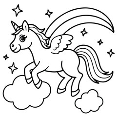 a magical unicorn with sparkly wings flying over a rainbow