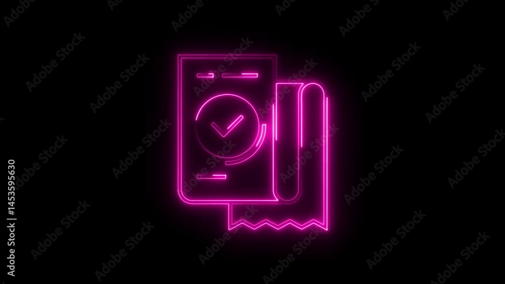 Poster neon style approved document confirmation with tick mark on a black background bright pink verificat