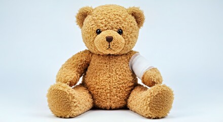 Fototapeta premium Cute Teddy Bear Toy Wearing a Bandage Symbolizing Childhood Injury or Healthcare Concept