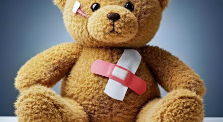 Little Teddy Bear with a Bandage Illustrating the Concept of Injury and Recovery for Kids
