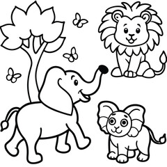 a smiling cartoon lion zebra and elephant playing together