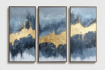 Triptych shows golden abstract texture with blending blue and grey on a white wall