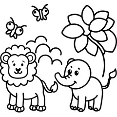 a smiling cartoon lion zebra and elephant playing together