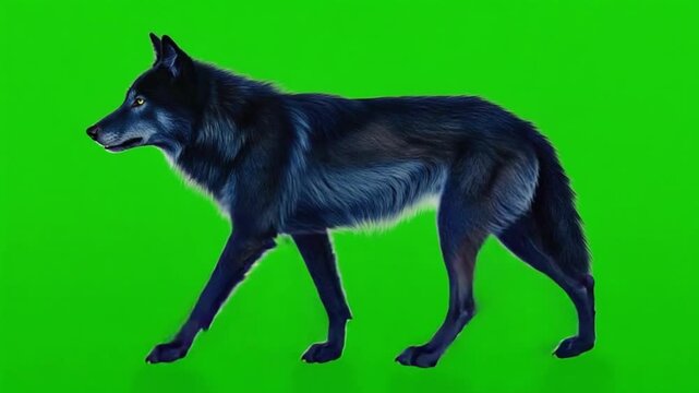 Black wolf walking across a green screen in a side profile view with a calm and steady pace green screen video