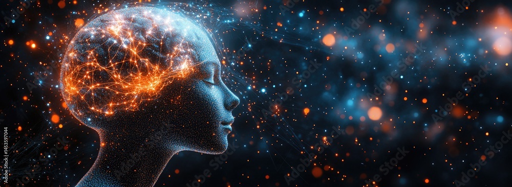 Poster abstract profile of a person's head with glowing neural network.