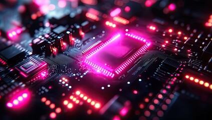 Fototapeta premium Close-up view of a glowing circuit board with a highlighted processor.