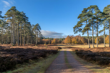 Obraz premium Serene Autumnal Path Through a Pine and Birch Forest
