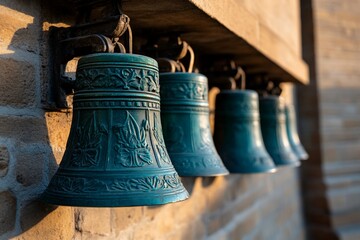 Obraz premium Solemn bronze bells hanging in a row, announcing traditional ceremonies