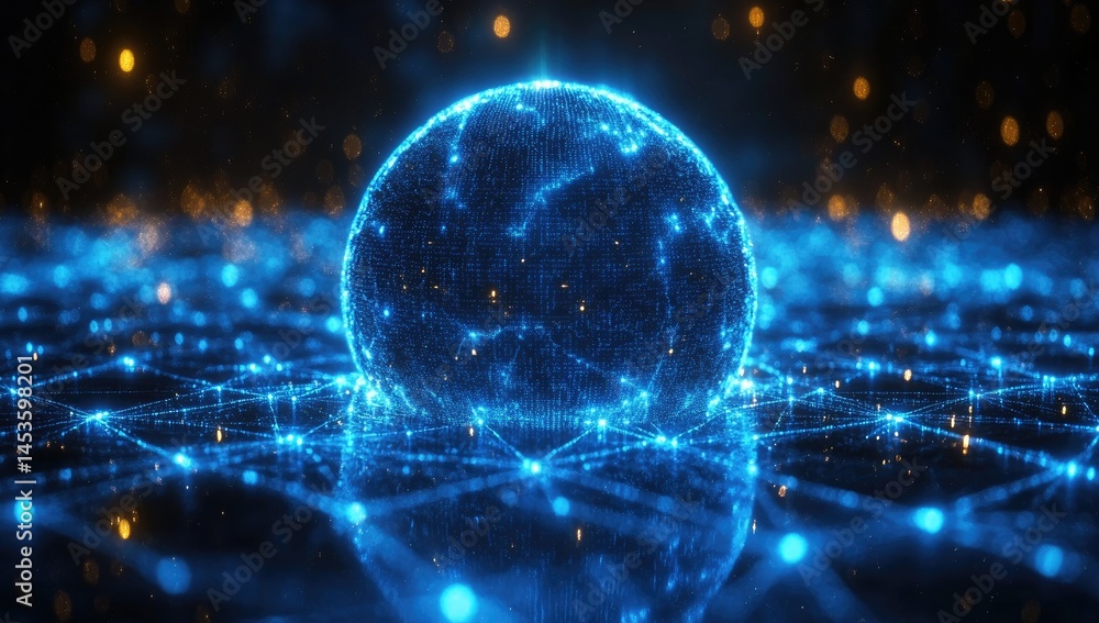 Poster abstract representation of a sphere connected by a network.