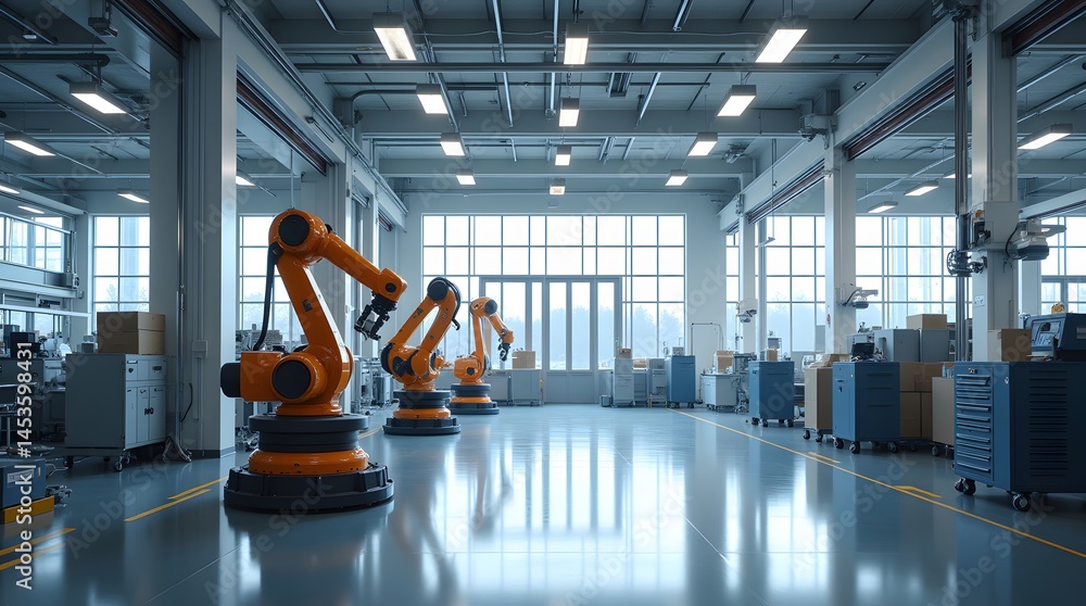 Poster modern factory automation industrial robots efficient production line advanced technology innovative