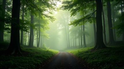 Obraz premium Enchanted Forest Path A misty morning path winds through a serene, lush green forest, sunlight filtering through the dense canopy, creating a magical atmosphere.