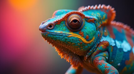 Fototapeta premium A Vivid Chameleon Portrait, showcasing its iridescent scales and intricate patterns against a blurred, colorful backdrop. Its captivating gaze draws the viewer in.