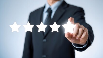 business man pushing a button giving a glowing 5 star review, excellent job, excellent service, positive feedback, outstanding experience,  approval, high-quality, reliability, highest recommendation,