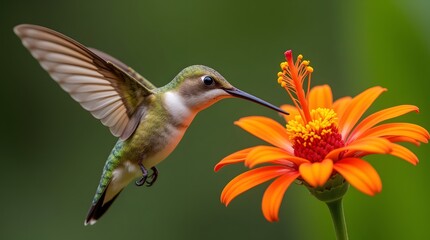 Fototapeta premium Hummingbird in Flight, Gracefully Hovering Near Vibrant Orange Flower, Natures Exquisite Ballet of Beauty and Delicate Nectar Sipping